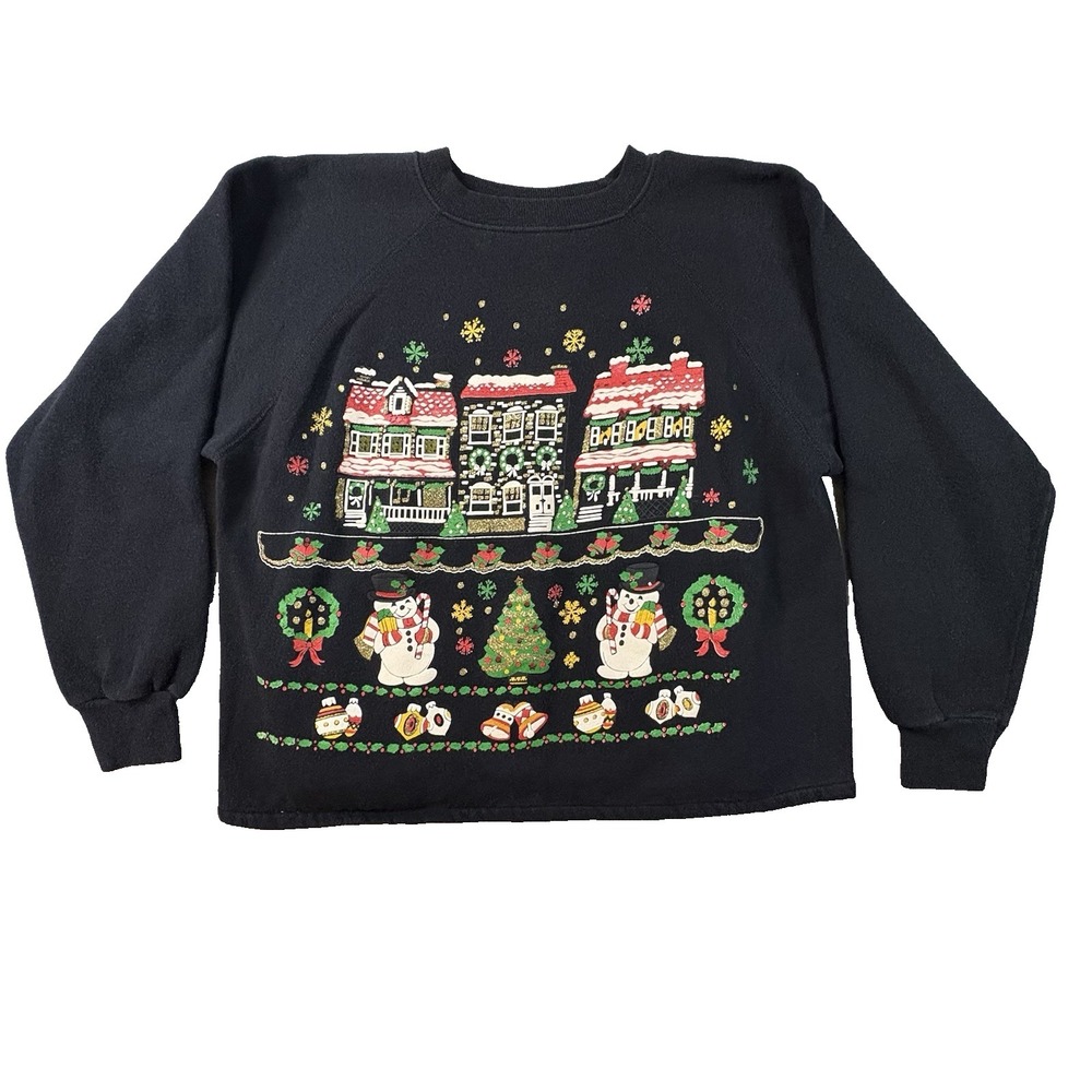 VTG Hanes Her Way Women's XL Black 90s Cropped Christmas Snowman Sweatshirt USA